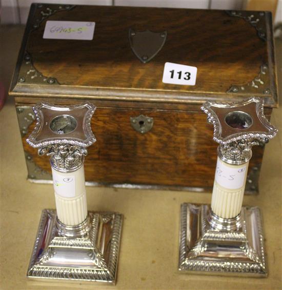 Pair electroplate and ivory candlesticks and a mounted oak stationery box